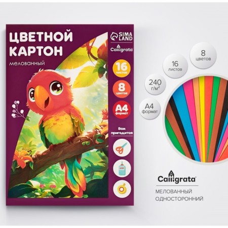 Cardboard of color A4, 16 sheets, 8 colors, in the Parrot folder, coated 240 g/m2