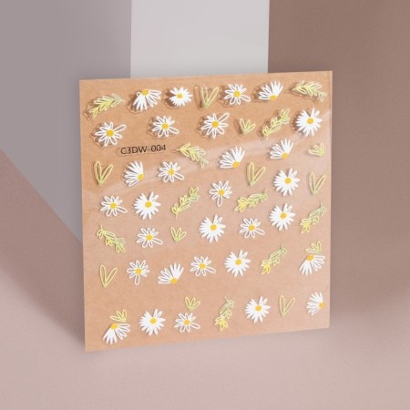 Nail stickers "White chamomile", voluminous, white/yellow color