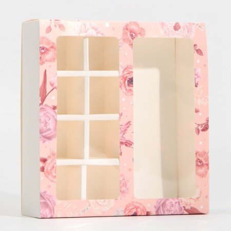 Box for 8 sweets and chocolate with cells, confectionery packaging, “pink flowers” ​​18 x 18 x 4 cm-2