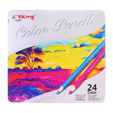 Pencils 24 colors, in metal pencil case, triangular, wooden, landscape mix-1