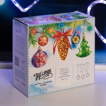 Garland “fringe” 2.4 × 0.9 m with nozzles “heart”, ip20, transparent thread, 186 LED, white glow, 8 modes, 220 V-6