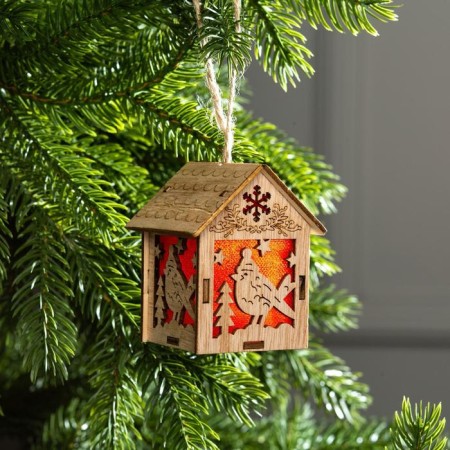 Christmas tree toy "House with a bird", from batteries, glow warm white-1