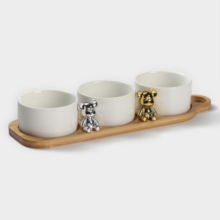A set of ceramic saucers on a wooden stand “Stylish Bear”, 4 items: 3 saucers 120 ml, stand-1