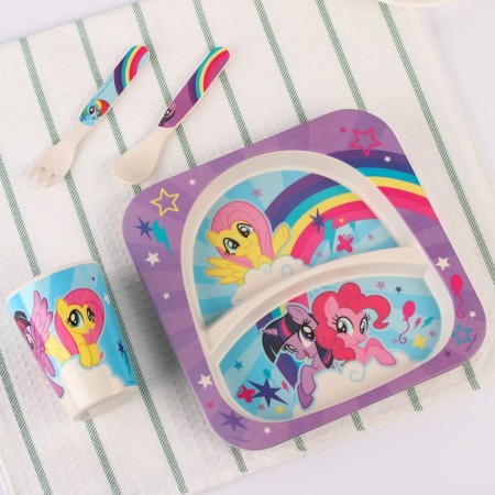 A set of children's bamboo dishes, 4 items: plate, fork, spoon, glass, My Little Pony-4