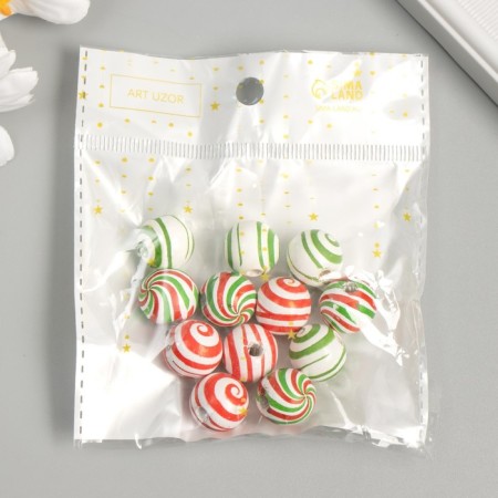 Beads tree for creativity "Round. Red, green patterns on white" D = 1.6 cm set 12 pcs 95808-2