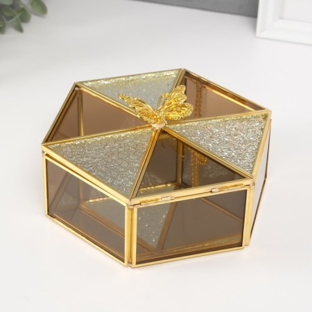 Casket Glass with a metal frame "Butterfly" hexagonant caramel 15.6x18x8.5 cm-4