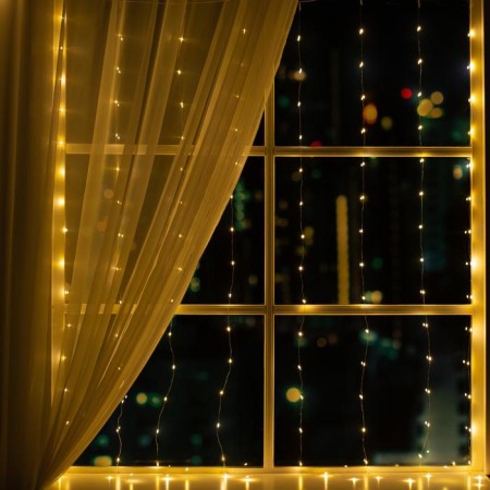 Garland "Curtain" 1.6 × 1.6 m dew, IP20, silver thread, 160 LED, warm white glow, 8 modes, 220 V