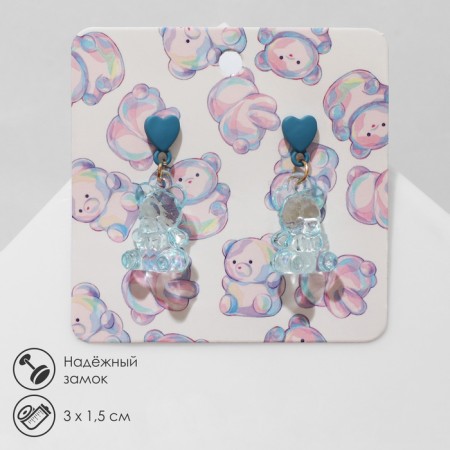 Earrings plastic "bears" with hearts, blue color in silver