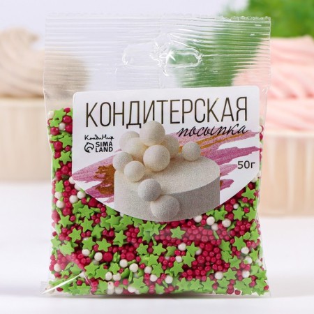 Confectionery Sprinking "Stars, Balls": green, white, burgundy, with a soft center, 50 g-1