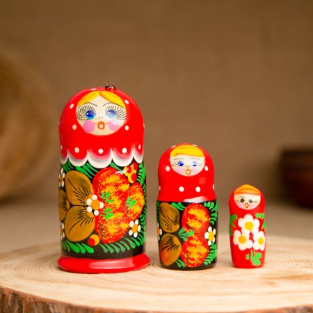 Matryoshka 3 puppet "Masha" with God's cow, 11cm, manual painting.
