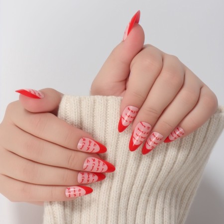 Love overhead nails, 24 pcs, with adhesive plates, almond shape, pink/red color-13