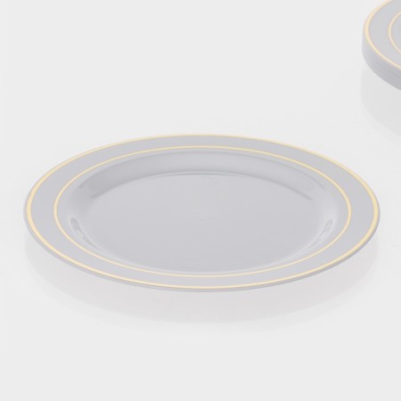 Plastic disposable plastic, 19 cm, round, flat, white color with a golden pocket-4