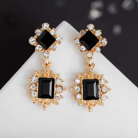 Earrings with rhinestones "openwork" duet, black color in gold-1