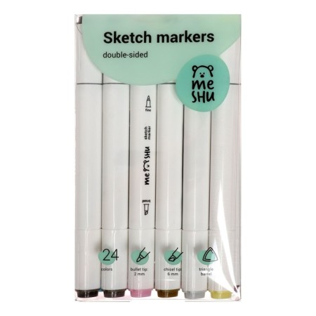 Meshu bilateral markers for sketching, 24 colors (pastel colors)