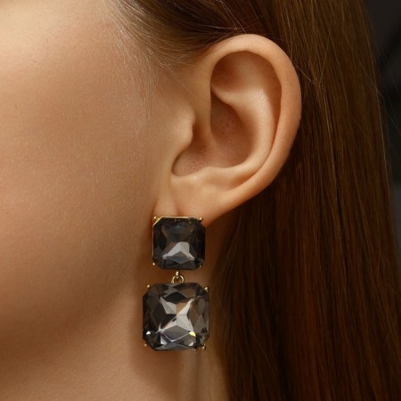 Earrings with rhinestones "Illusion" Highways Squares, gray color in gold-3