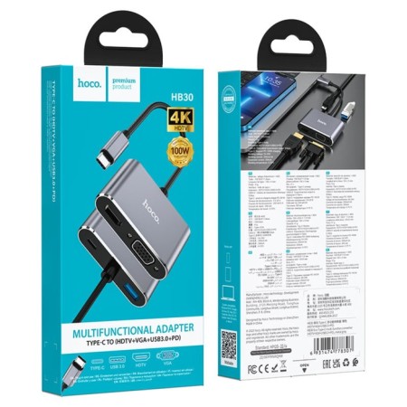 Adapter Hoco HB30, HDMI/VGA/USB3.0/PD 15 cm, gray-11