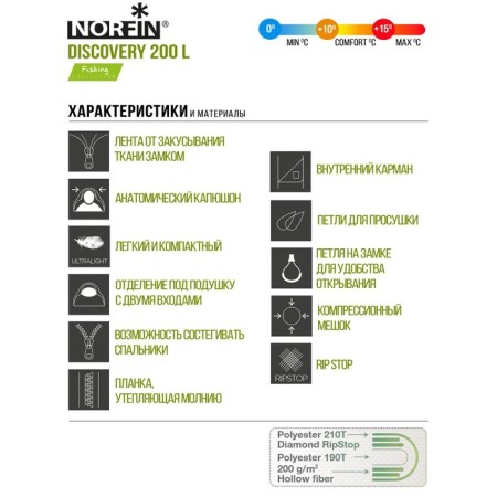 Sleeping bag Norfin discovery 200, cocoon, 1 layer, left, 220x80 cm, +7 ° C-7