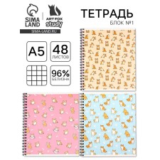 Тетрадь А5, 48 л на спирали, внутренний блок №1 МИКС «Корги»