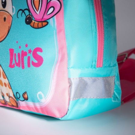 Baby backpack on a zipper, a reflective strip, pink/turquoise color-6