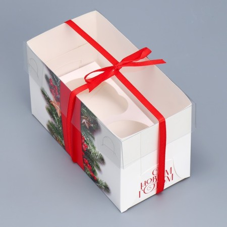 Capcake box "Happy New Year", needles and berries, 16 x 8 x 10 cm, New Year-4