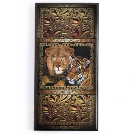 Backgammon "lion and tiger", wooden board 50 x 50 cm, with a field for playing checkers