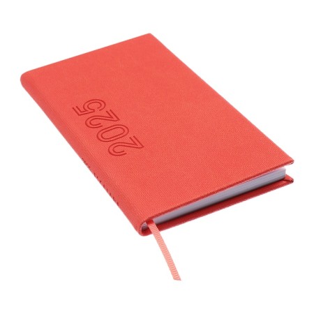 The weekly dated 2025, 85x145 mm, 64 sheets of Escalada, a solid cover made of artificial leather, pancake embossing, block 70 g/m², coral-1