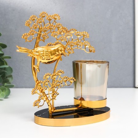 Summary metal, glass for 1 candle "Bird on a tree" D-5 cm, gold 8x15x17.5 cm-2