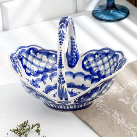 Oval basket, gzhel, porcelain, 16x21 cm-1