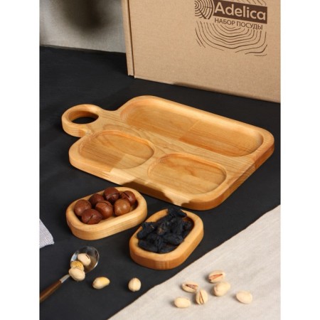 Gift set of ADELICA wooden dishes, serving 3 sections, 2 Menzhitsa removable, oil as a gift 100 ml, birch-3