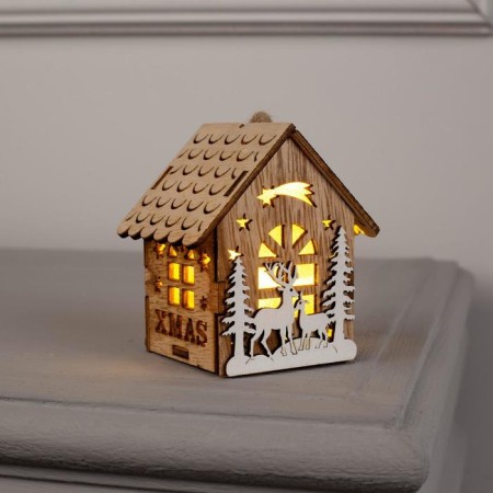 Christmas tree toy "House with deer", from batteries, glow warm white-2