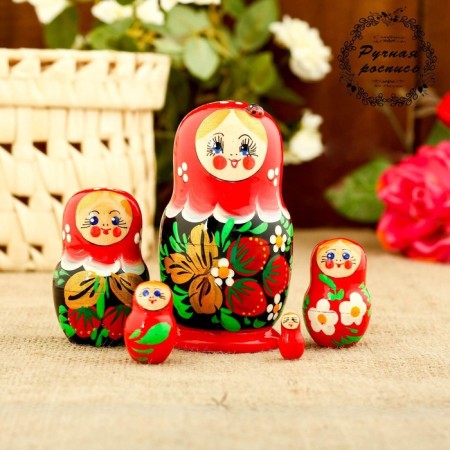 Matryoshka "God's cow", red scarf, 5 puppet, 9-11 cm-4