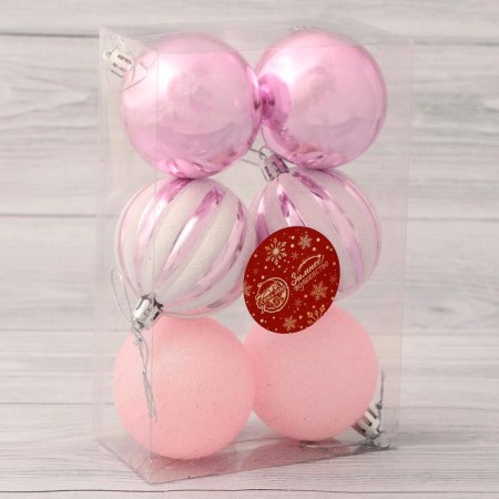 Set of balls plastic D-6 cm, 6 pcs "Gladys strip" white-pink-1