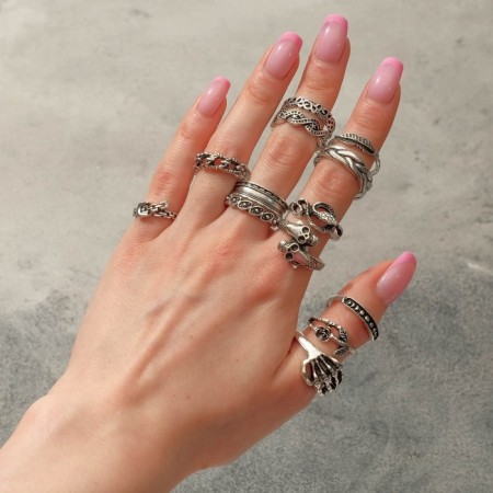A set of rings 13 pieces of “Assorted” skeleton, snake, size mix, color black silver-2