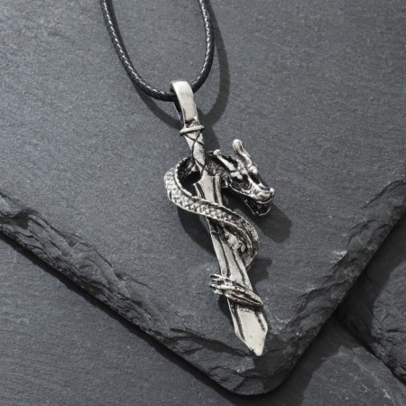Unisex “Dragon” pendant with a sword, color black silver on a black lace, 44 cm