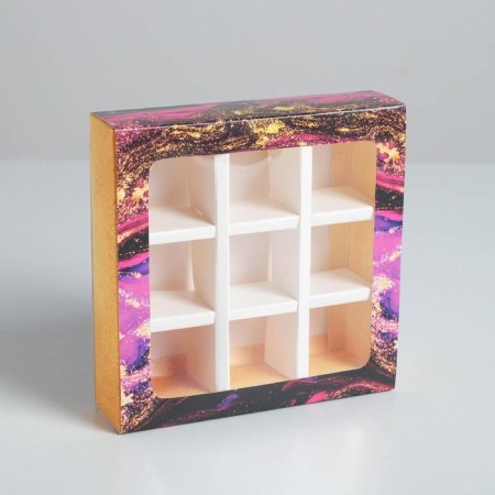 Box for sweets, confectionery packaging, 9 cells, “fluid” 14.5 x 14.5 x 3.5 cm