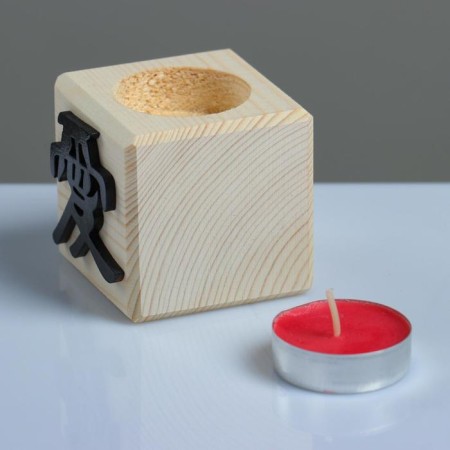 A candle in a wooden candlestick "Cube, hieroglyphs. Love", Cherry aroma-1