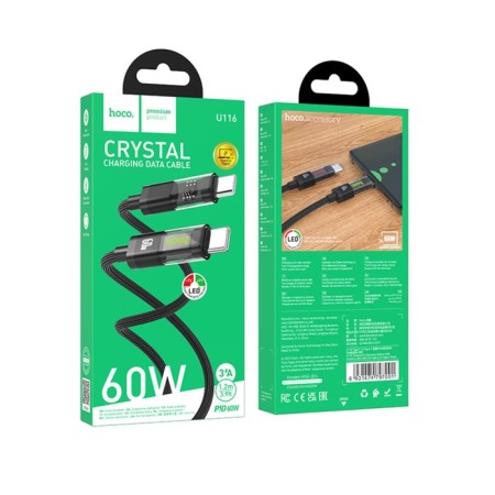 Cable Hoco U116, Type-C-Type-C, 60 W, 3 A, 1.2 m, transparent, fast charging, nylon, black-9