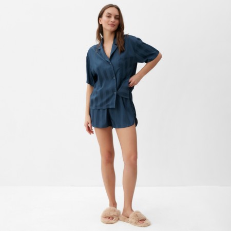 Female pajamas (shirt and shorts) KAFTAN SILK "strip" R.44-46, dark blue-2