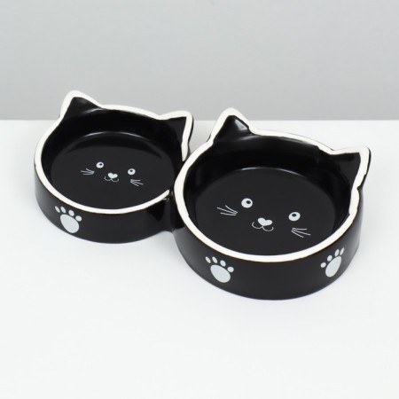 Ceramic bowl “cat family” 40/60 ml double 19 x 10.5 x 3.5 cm, black and white-3