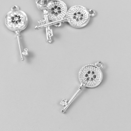 Decor for creativity metal, rhinestones "Key with a flower" silver 3x1.1 cm-1