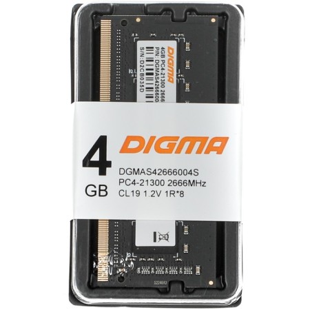 Memory DDR4 4GB 2666MHz Digma DGMAS426666004S RTL PC4-21300 CL19 SO-Dimm 260-PIN 1.2V SINGLE 100449-8