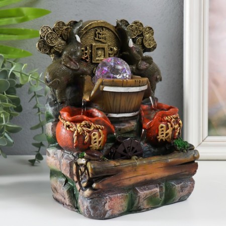 Table fountain with backlight "Two elephants with a Chinese coin" 12x15x21 cm-1