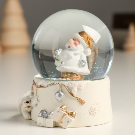 Souvenir Polystone Water Ball "Santa Claus with a gift" White with gold 7x8x9 cm-3