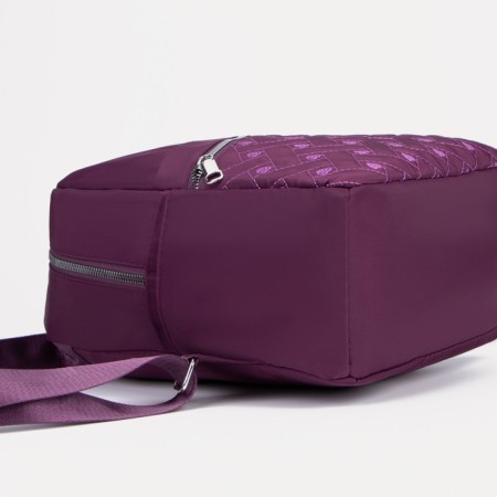 A backpack with a zipper, an outer pocket, 2 side pockets, a wallet, a purple color-4