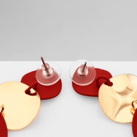 Earrings Metal "Azelia" circles, trio, red color in gold-1