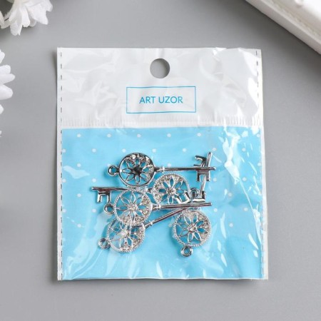 Decor for creativity metal, rhinestones "Key with flower" silver 4x1.5 cm-4