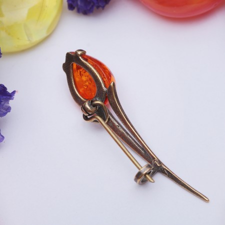 Amber Brooch "Amber" tulip, cognac color in bronze-1