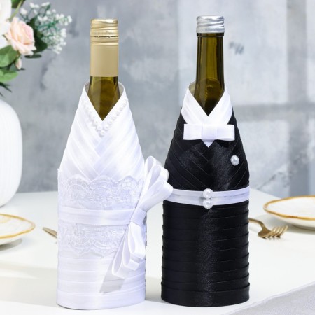 Decoration for champagne "Bridegroom and Bride", black and white-15