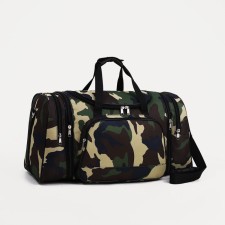 Road bag on a zipper, with an increase, 3 outer pockets, a long belt, camouflage color/brown