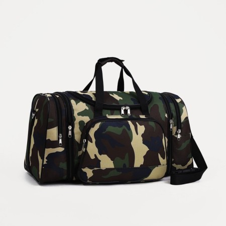 Road bag on a zipper, with an increase, 3 outer pockets, a long belt, camouflage color/brown